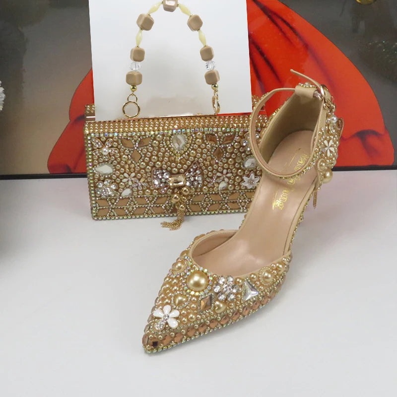Luxury Champagne Golden Crystal wedding shoes matching bags woman fashion Thick heel Women party dress shoes Pointed Toe shoes