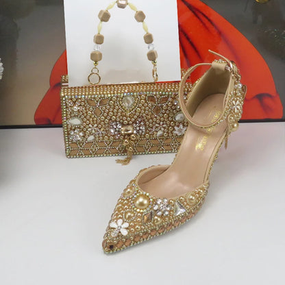 Luxury Champagne Golden Crystal wedding shoes matching bags woman fashion Thick heel Women party dress shoes Pointed Toe shoes