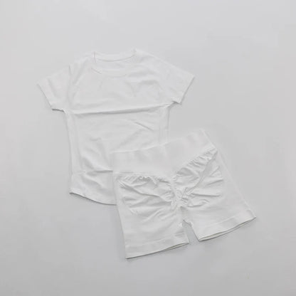 Seamless Yoga Set Fitted Workout Clothes Woman Gym Wear Short Sleeve Top Shirt Scrunch Booty Gym Shorts 2 Piece Sports Suits