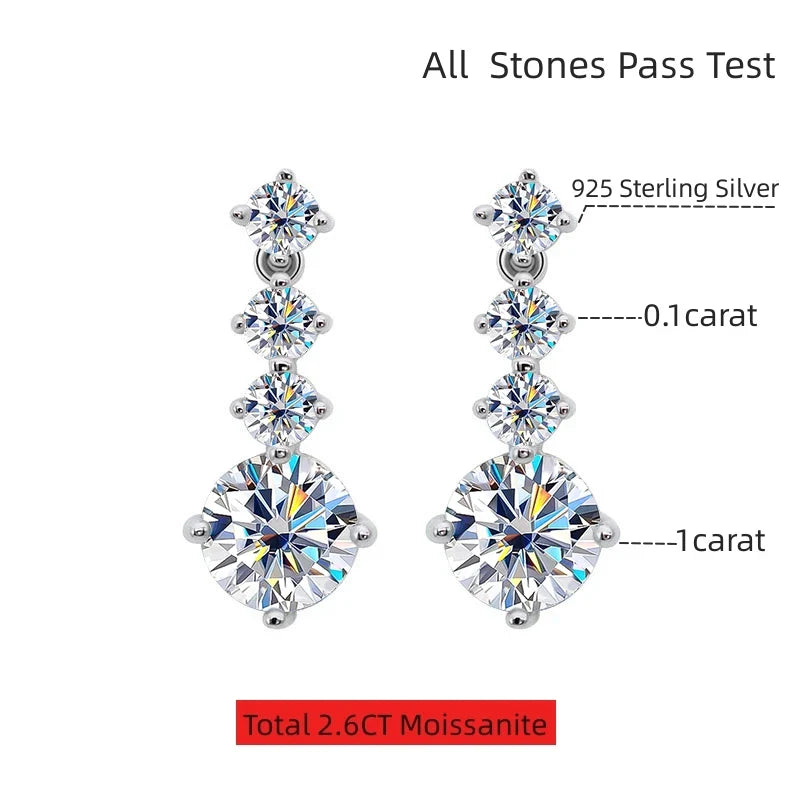 S925 Silver Moissanite Drop Earrings For Women 2.6 Carat Real Moissanite Lab Diamond Engagement Wedding Fine Jewelry Gift