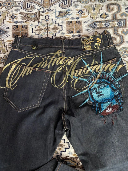 Harajuku Y2k 2000s Women Clothing Vintage Statue of liberty Diamonds Jeans Casual Denim Pants High Waist Straight Wide Leg Jeans
