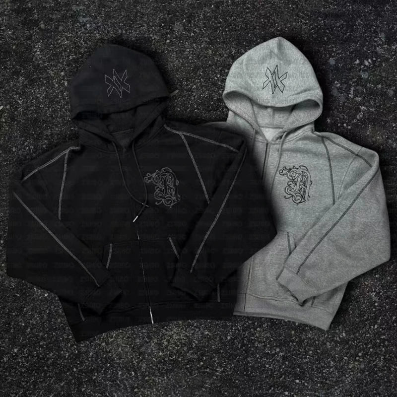 American Y2K Casual Zipper Hoodie Sweatpant Two Piece Set HipHop Oversized Embroidery Sweatshirts Men Women Casual Pants