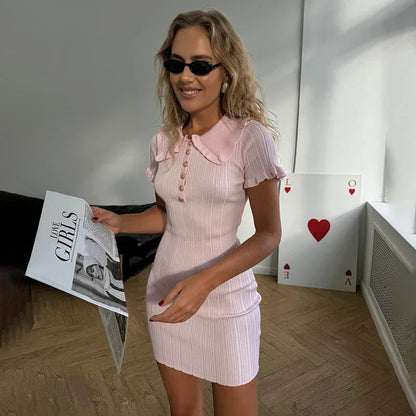 Ruffled Knitted Mini Dresses For Women High Waist Summer 2025 New Short Sleeve Dress Bodycon Female Retro Elegant Dress