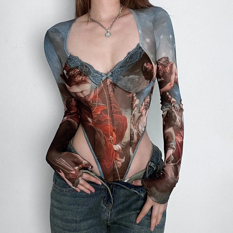 Vintage Print Sexy Bodysuit Lingerie See Through Gauze Lenceria Tranparente Long Sleeve Body Feminino Square Collar Bustier Tops