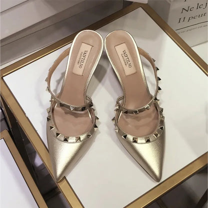 2025 New Genuine Leather Gladiator Pumps Sandals Luxury Metal Rivets Summer Women Outdoor Slippers Black Fashion High Heels 41