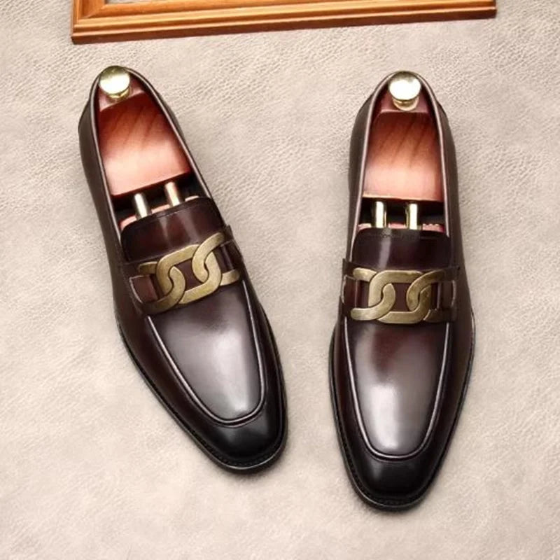Metal Buckle Leather Shoes For Men Luxury Slip-on Genuine Leather Business Formal Shoes Groom Wedding Shoes