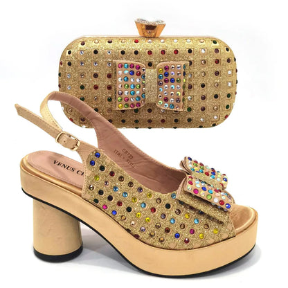 Gold Party Shoe and Bag for Wedding Italy Style Matching Shoes and Purse Set for Bride Bridal High Heels Sandals Bag
