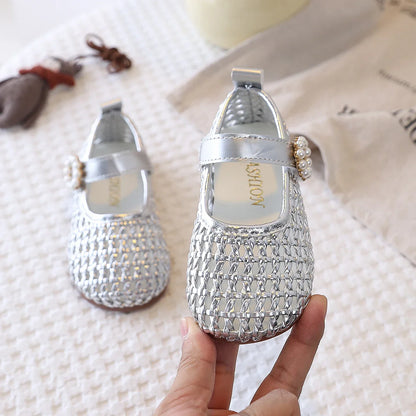 Spring Girl's Sandals Braided Pearl Hook-loop Chic Kid's Flat Shoe Solid Colors Anti-slip Casual Versatile Children Shoes 4-6Y