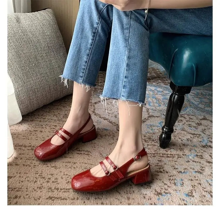 2025 Burgundy Mary Janes Square-Toe Double-Buckle Patent Leather Chunky Heel Shoes with Jean Styling