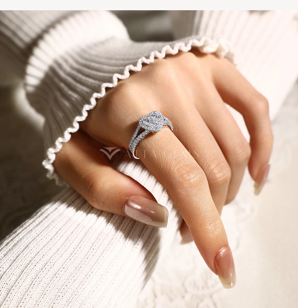 Three Stone Heart Halo Moissanite Ring for Women Round Cut S925 Silver Half Enternity Wedding Band Holiday Gift Jewelry