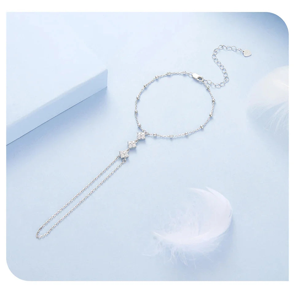 925 Sterling Silver Hand Chains Bracelet Dainty Four-leaf Clover CZ Bracelet Ring Chain for Women Summer Body Jewelry Set