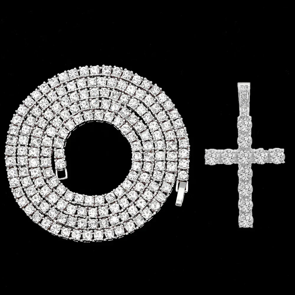 Hip Hop Iced Out Cross Pendant Necklace Strap 4mm Zircon Tennis Chain Men Women Sparkling Necklace Punk Jewelry Fashion Gift