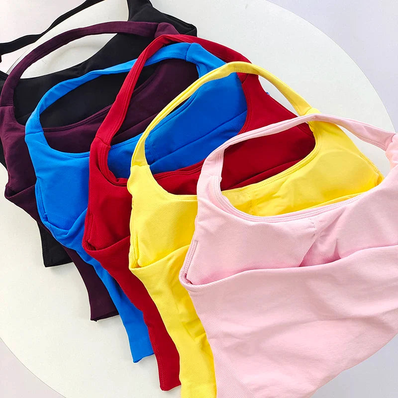 2 Pieces Sports Set Women Backless Halter Tops High Waist Seamless Hight Stretch Shorts Gym Suit Sportswear Workout Sets