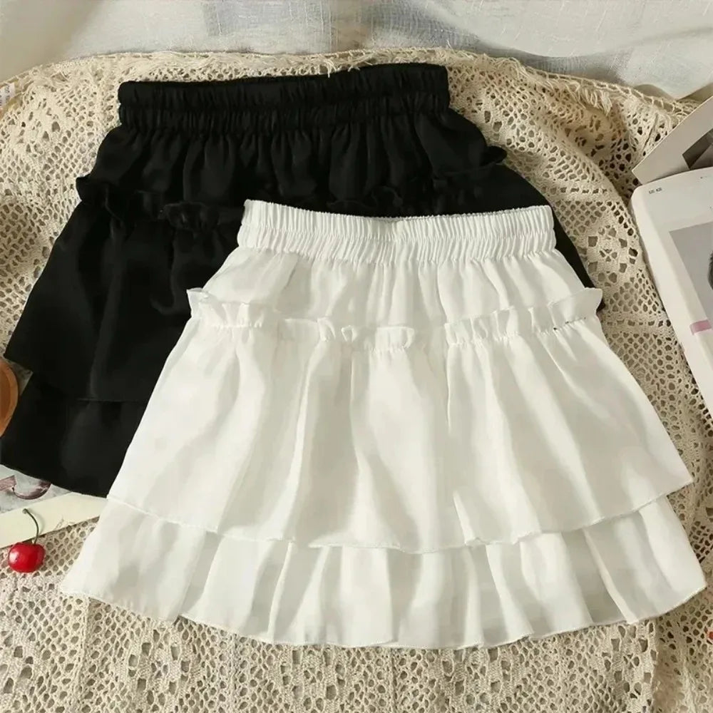 Summer Mini Pleated A-Line Skirt Adorable Flirty High Waist Ruffle Patchwork Lolita Ball Gown Y2K Korean Sweet Women's Clothing