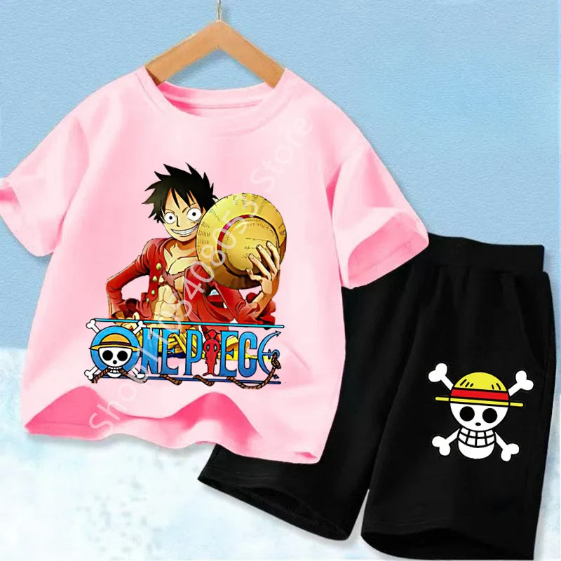 Summer Short Sleeve Clothes Set Anime Boy Girl T Shirt Shorts 2pcs One Piece Kids Outfit Chopper Luffy Tracksuit Suit Children
