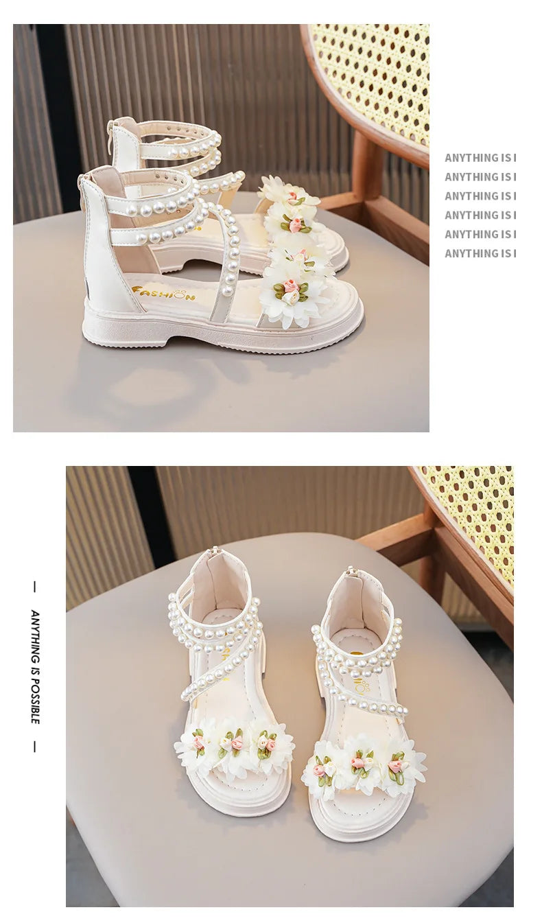 Children's Sandals Summer Bowtie Princess Shoes for Girls Fashion Sweet Kids Causal Pearl Roman Sandals Solid Color Hook Loop