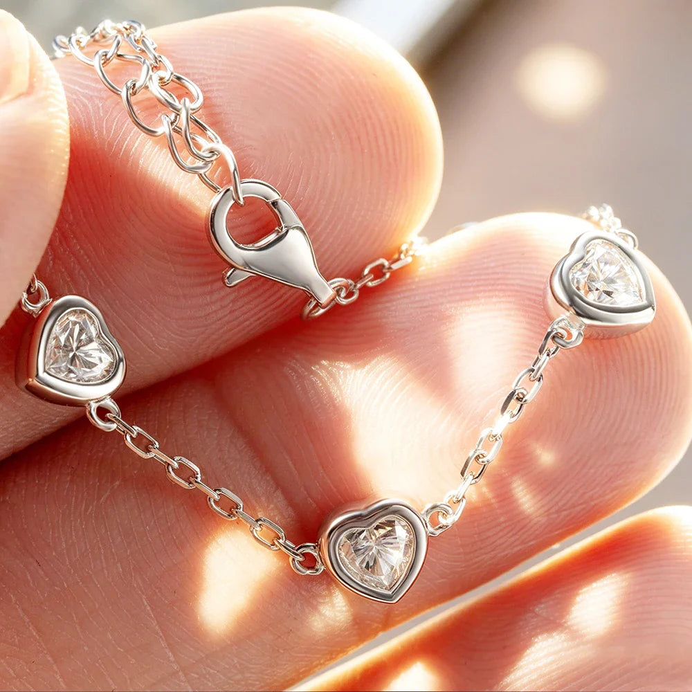 Certified 4mm Bezel Set Heart Cut Moissanite Diamond Bracelets for Women 100% S925 Silver Charm Bracelet Wrist Chain Adjustable