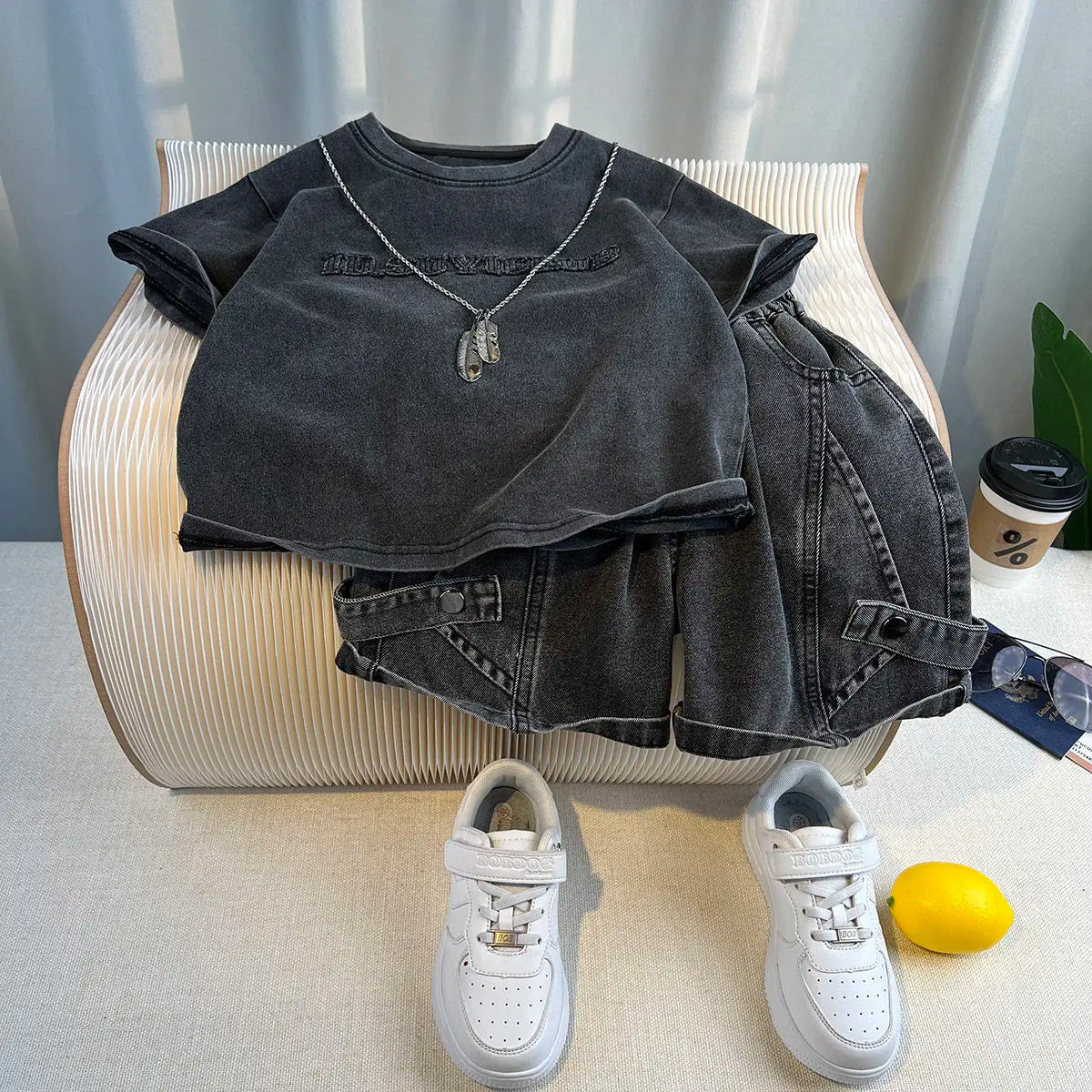 Set Kid Boy 2025 Summer New Style Cotton Letter Embroidered T-shirt Black Jeans Fashion Streetwear Daily Sporty Korean