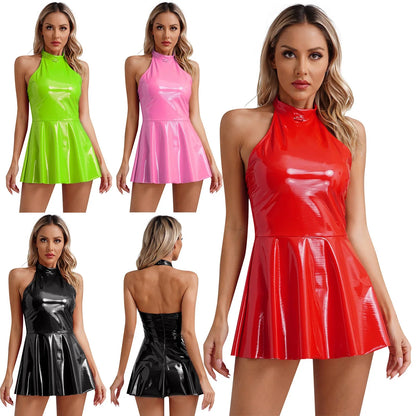 Glossy Patent Leather Glossy Mini A-Line Latex Dress for Womens Swing Skirt Skater Bodycon Mini Dress Rave Disco Party Clubwear