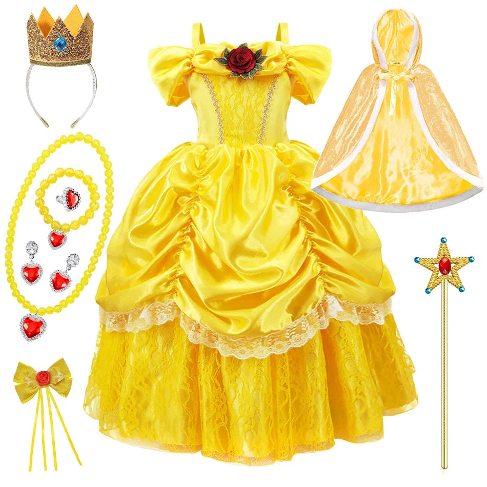 Girls Belle Cosplay Princess Dress Children Beauty Beast Clothes Birthday Carnival Christmas Party Costume Kids Ball Gown 2-11T