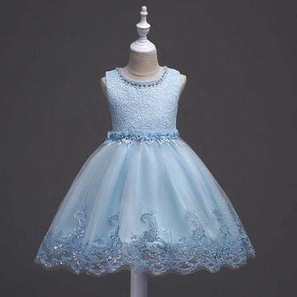Girl Princess Dress of Korean style sleeveless beaded children's dress dress princess dress lace dress performance