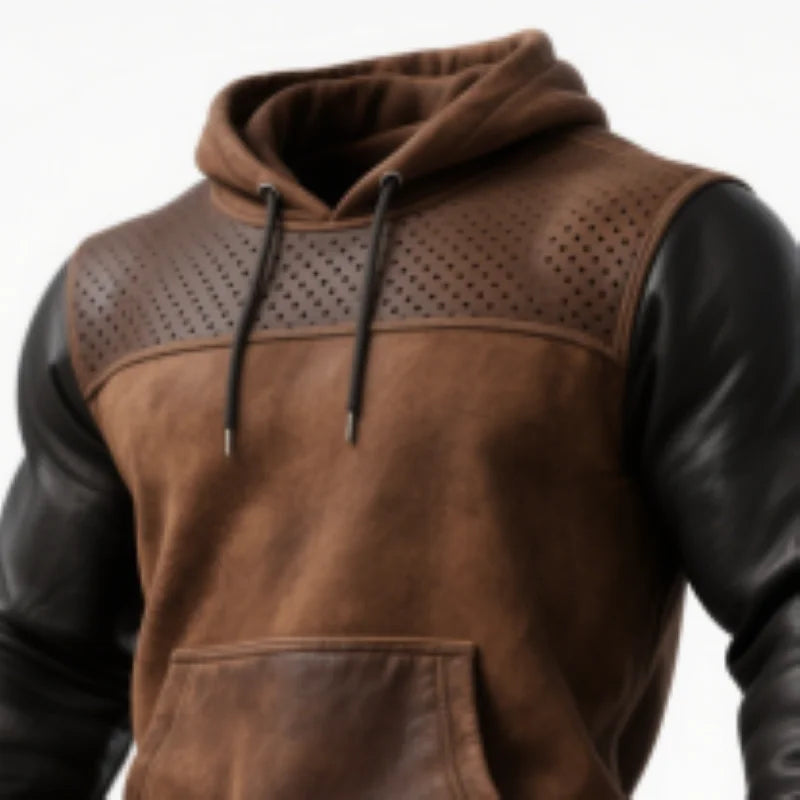 Mens Vintage Brown Hoodie Leather Trim Perforated Details Retro Streetwear Pullover Military Workwear Style Autumn Winter