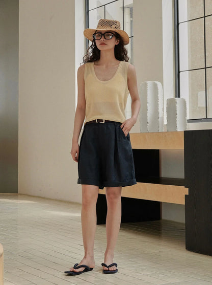 Summer Korea Style Lazy Linen Curled Bermuda Shorts Wide Leg Loose Slim Casual Hot Pants For Women