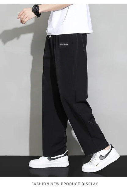Men Drawstring Casual Pants Loose Drape Wide-leg Athleisure Pants Men Summer Thin Quick-drying Trousers Ice Silk Straight Pants
