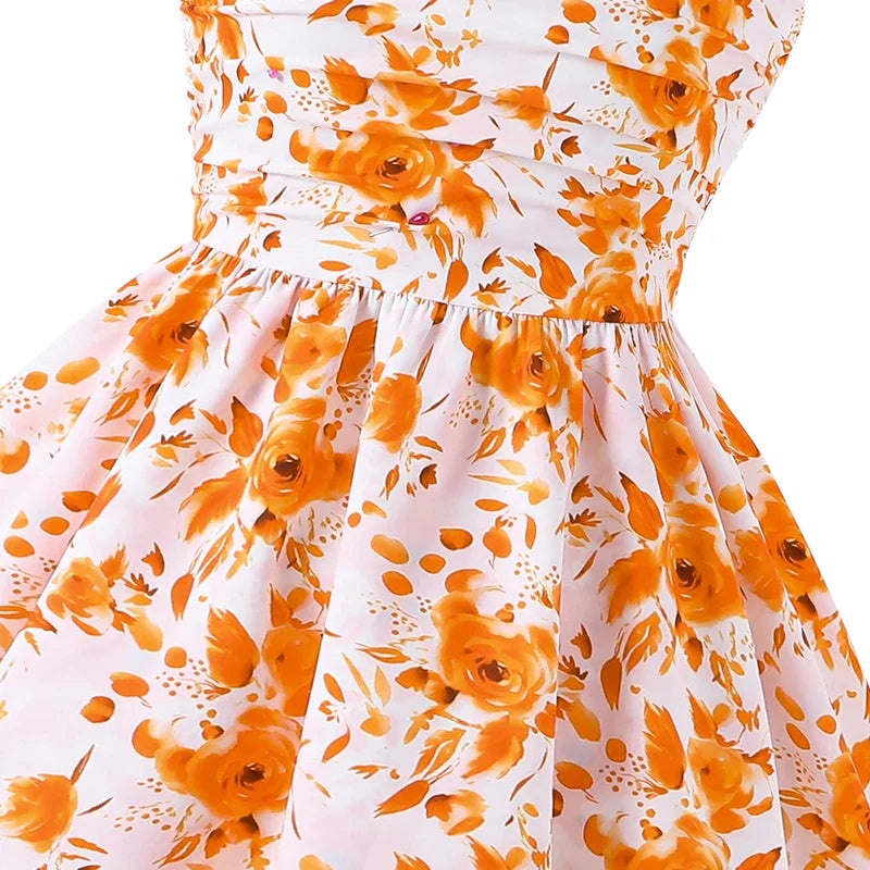 Girls 8-12 Orange Floral Summer Casual Dress, Front Spaghetti Strap Bow Decor Ruched Waist & Tiered Skirt, Daily Kids Outfit