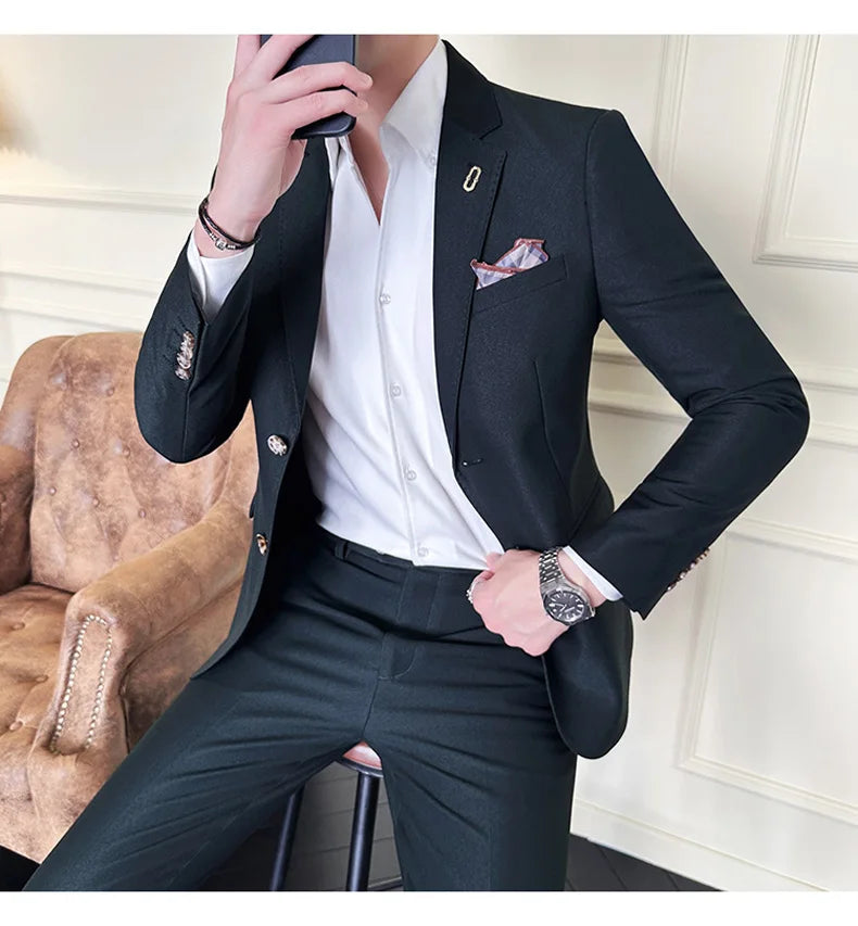 Men's Korean Style Slim Fit Suit Set, High Quality Fabric Solid Color Edge Pressing for Wedding Business