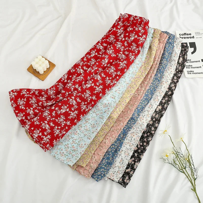 Women's Summer Skirts Vintage Floral Printed Chiffon Skirts High-waisted Elastic Waist Relaxed Mid-length Skirts Beach Skirts
