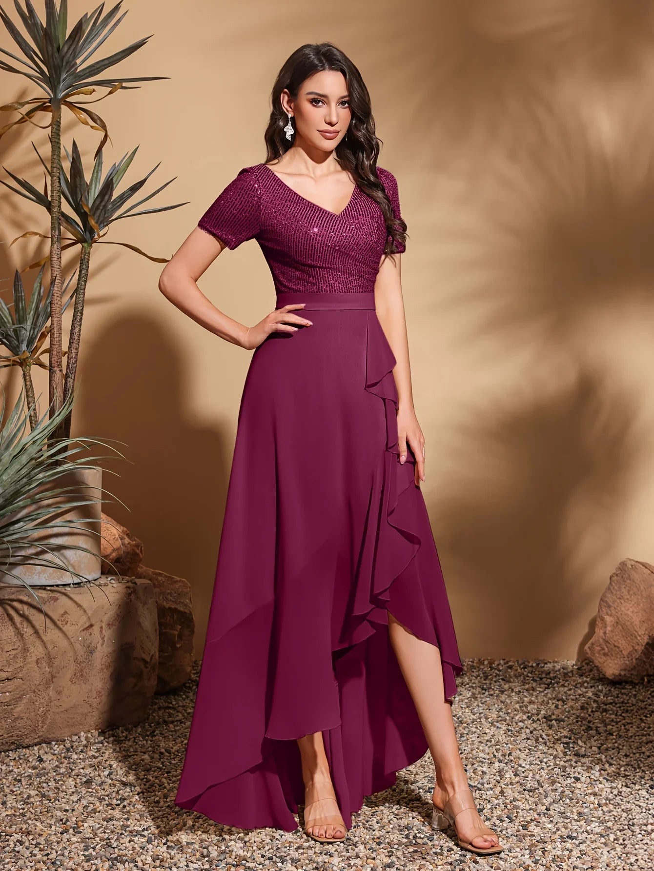 V-neck short-sleeved sequined chiffon pleated asymmetrical hem dress