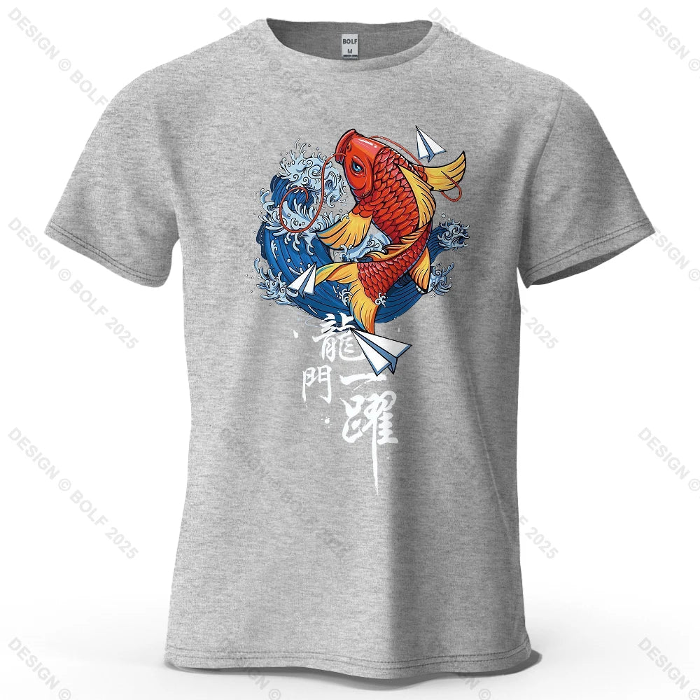 Dragon Gate Leap Printed Men's T-Shirt 100% Cotton Oversized Carp Good Luck Graphic Tees for Women Tops Tees Streetwear