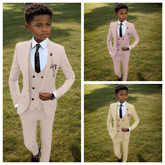 Boys’ Single-Breasted Suit Set in Brown, Beige, Champagne or Pink for Weddings
