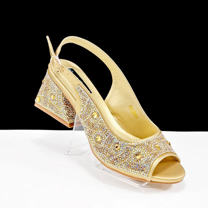Q Rhinestone Design INS Hot Sale New Arrivals African Shoes and Bag Set in Green Color Open Toe Comfortable Women Heels