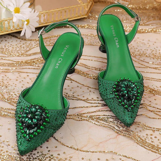 Green Colour Wedding High Heels for Women Italy Design Rhinestone  Decorate Pointed-Toe Gorgeous Parties 2025 INS Lady Plus Size