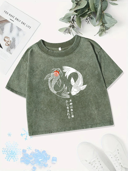 Casual Cotton Crop Tops Womens Japanese Koi Harajuku Prints Washed T-Shirts Street O-Neck Regular Fit Streetwear Sexy Clothes