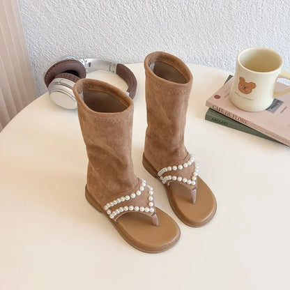 2025 Children High-top Sandals for Girls Summer New Fashion Korean Style Soft Sole Non-slip Versatile Pearl Roman Princess Shoes