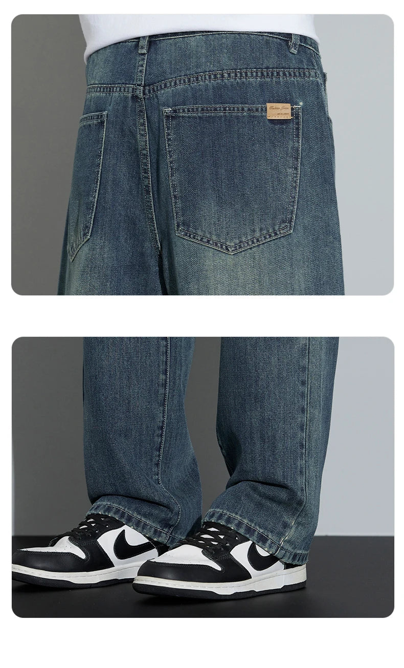 Korean Wide Legs Fleece Jeans Men's Winter Warm Thickened Velvet Loose Straight Casual Denim Pants Korean Fashion Trousers