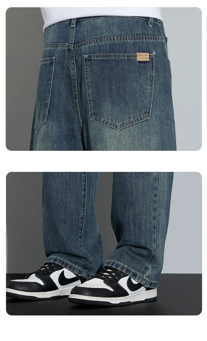 Korean Wide Legs Fleece Jeans Men's Winter Warm Thickened Velvet Loose Straight Casual Denim Pants Korean Fashion Trousers