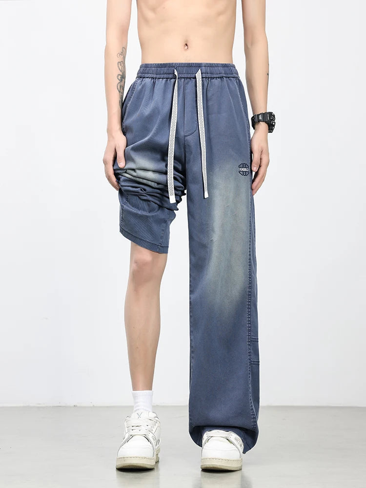 Summer Lyocell Men's Jeans Soft Elastic Washed Casual Pants Loose Lightweight Embroidery Wide Leg Straight Denim Trousers