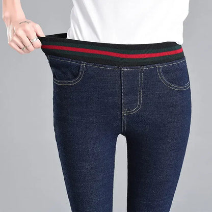 Woman Jeans Pants Elastic Waist High Waist Winter Stretch Feet Pants