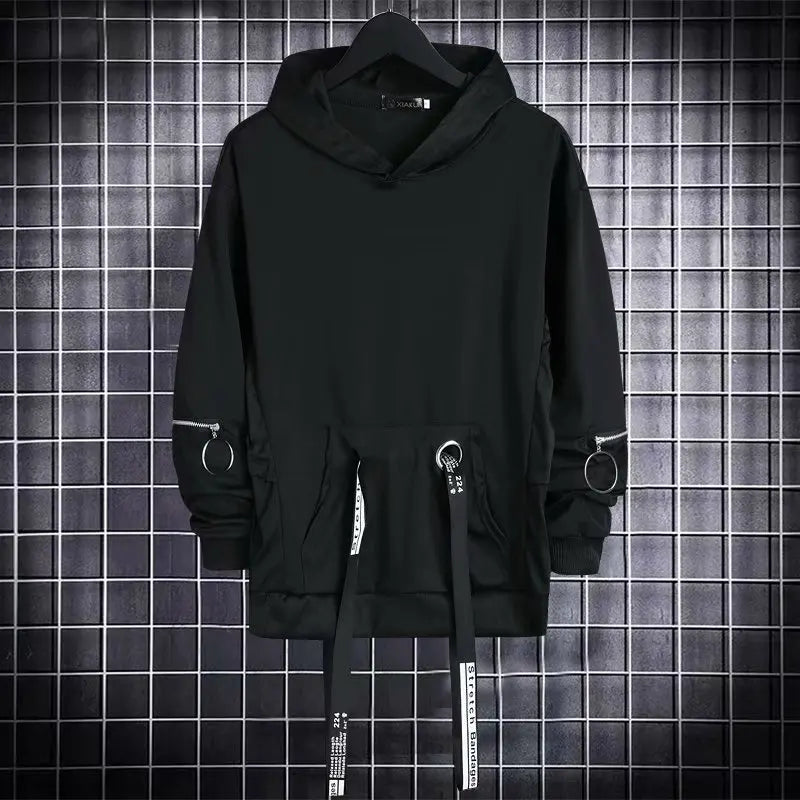 New Men's Hoodies Sweatshirt Autumn Casual Techwear Hip Hop Harajuku Hoodie Men Ribbons Patchwork Japanese Streetwear Darkwear