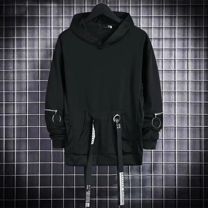New Men's Hoodies Sweatshirt Autumn Casual Techwear Hip Hop Harajuku Hoodie Men Ribbons Patchwork Japanese Streetwear Darkwear