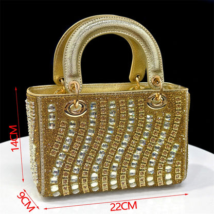 Shiny Italian Fashion Pointed Toe Women Heel Fashion Rhinestone Decoration Fuchsia Color Shoes And Bag Set