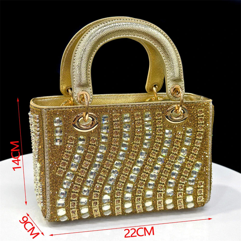 Women's Party Shoes & Bag Set – Elegant Golden Rhinestone Spring/Summer Sandals with Pointed High Heels