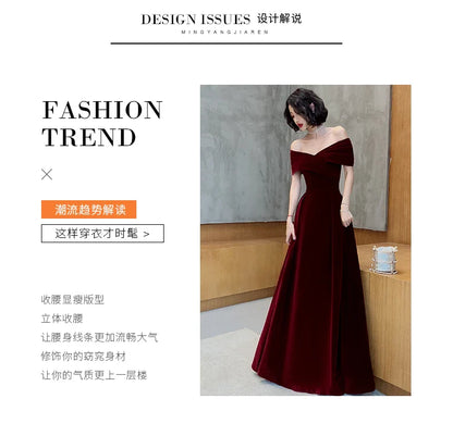 Spring Long Luxury Elegant Wine Red Soft Velvet Evening Party Wedding Dresses for Women 2022 Off Shoulder Maxi Dress