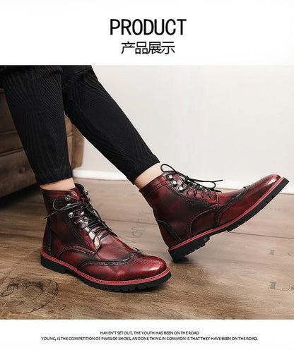 Men Lace-up High Top Brogue Carved Business Boots