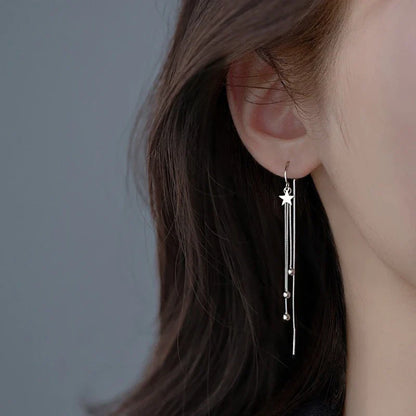 Designer 925 Sterling Silver Star Round Bead Long Tassel Dangle Earrings for Woman Exquisite Jewelry Accessories Gifts Colorfast