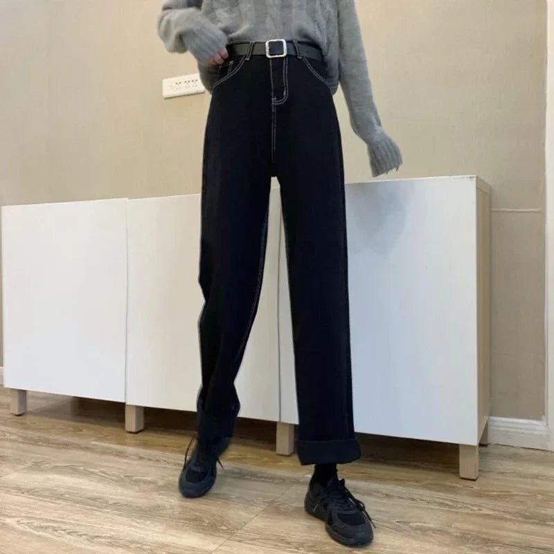 Woman Vintage Casual High Waist Black Jeans